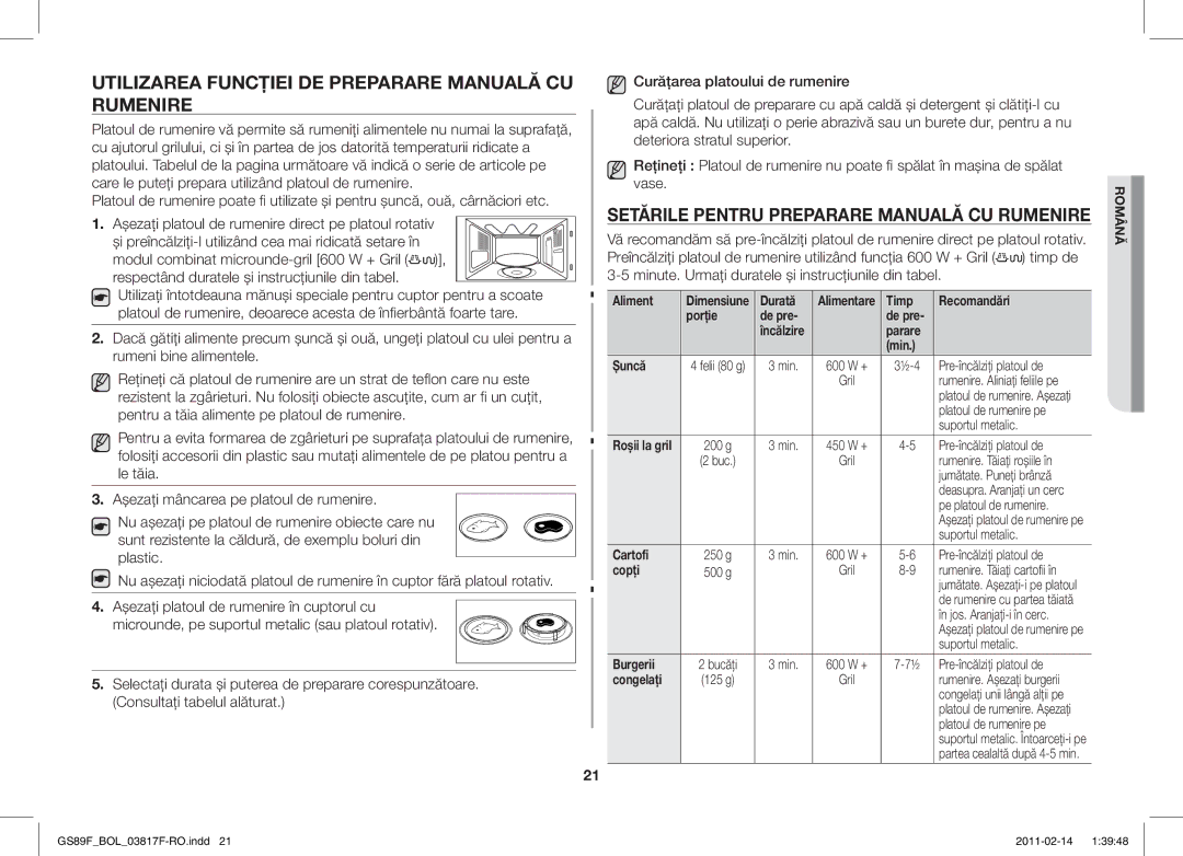 Samsung GS89F-1S/BOL Utilizarea Funcţiei DE Preparare Manuală CU Rumenire, Setările Pentru Preparare Manuală CU Rumenire 