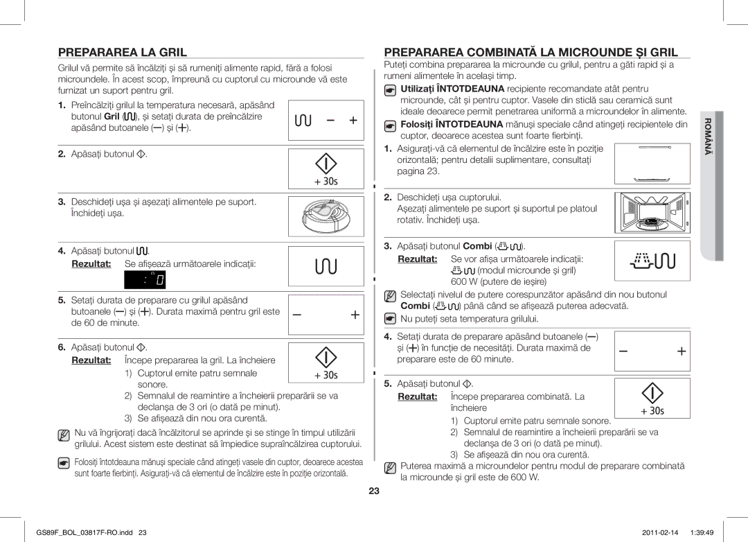 Samsung GS89F-1S/BOL manual Prepararea LA Gril, Prepararea Combinată LA Microunde ŞI Gril 