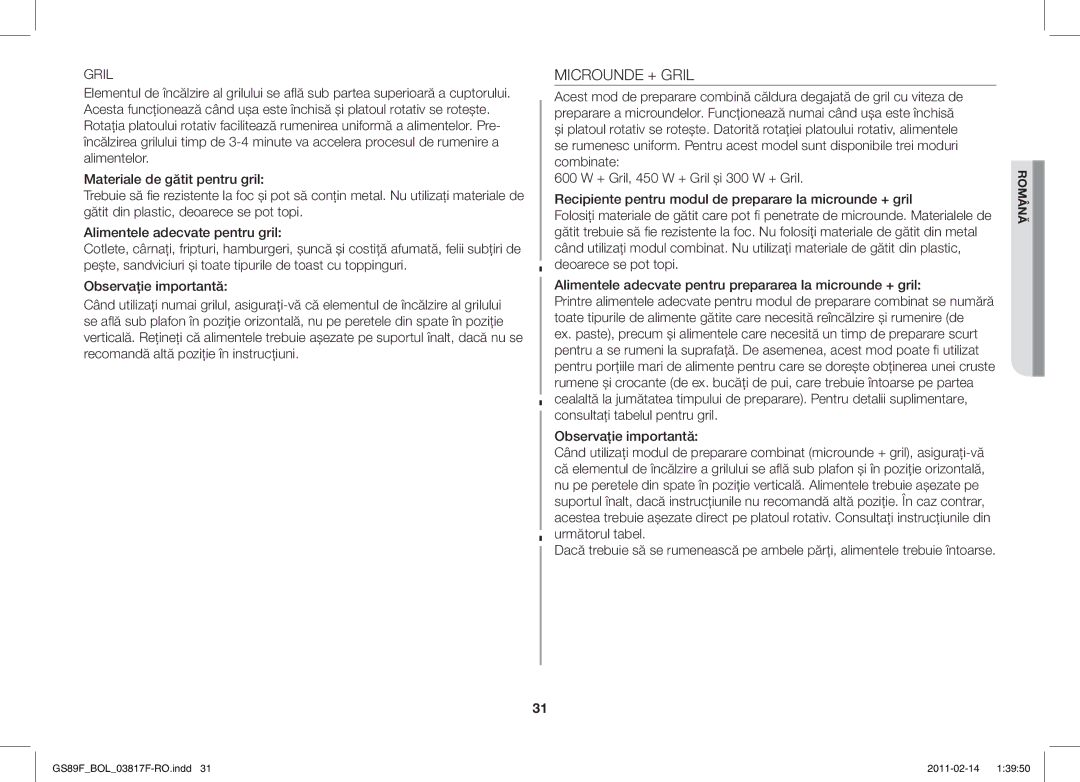 Samsung GS89F-1S/BOL manual Microunde + Gril 