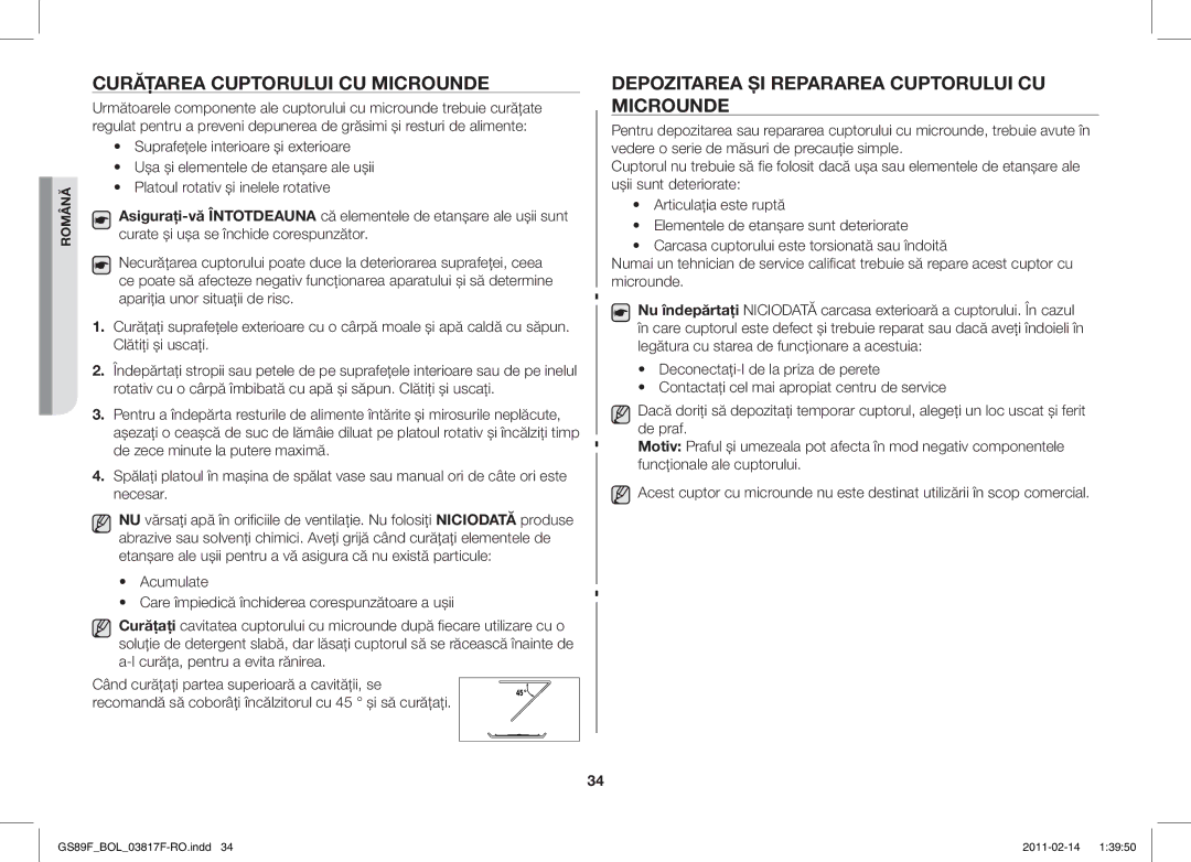 Samsung GS89F-1S/BOL manual Curăţarea Cuptorului CU Microunde, Depozitarea ŞI Repararea Cuptorului CU Microunde 