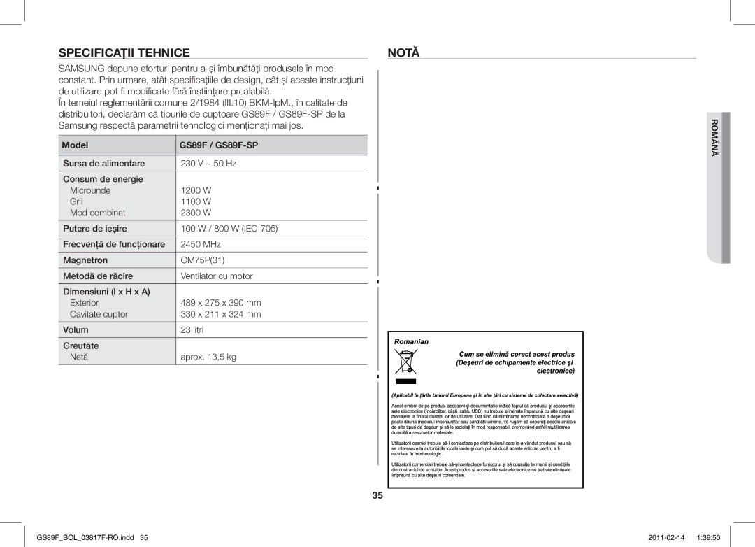 Samsung GS89F-1S/BOL manual Specificaţii Tehnice Notă, Model GS89F / GS89F-SP 