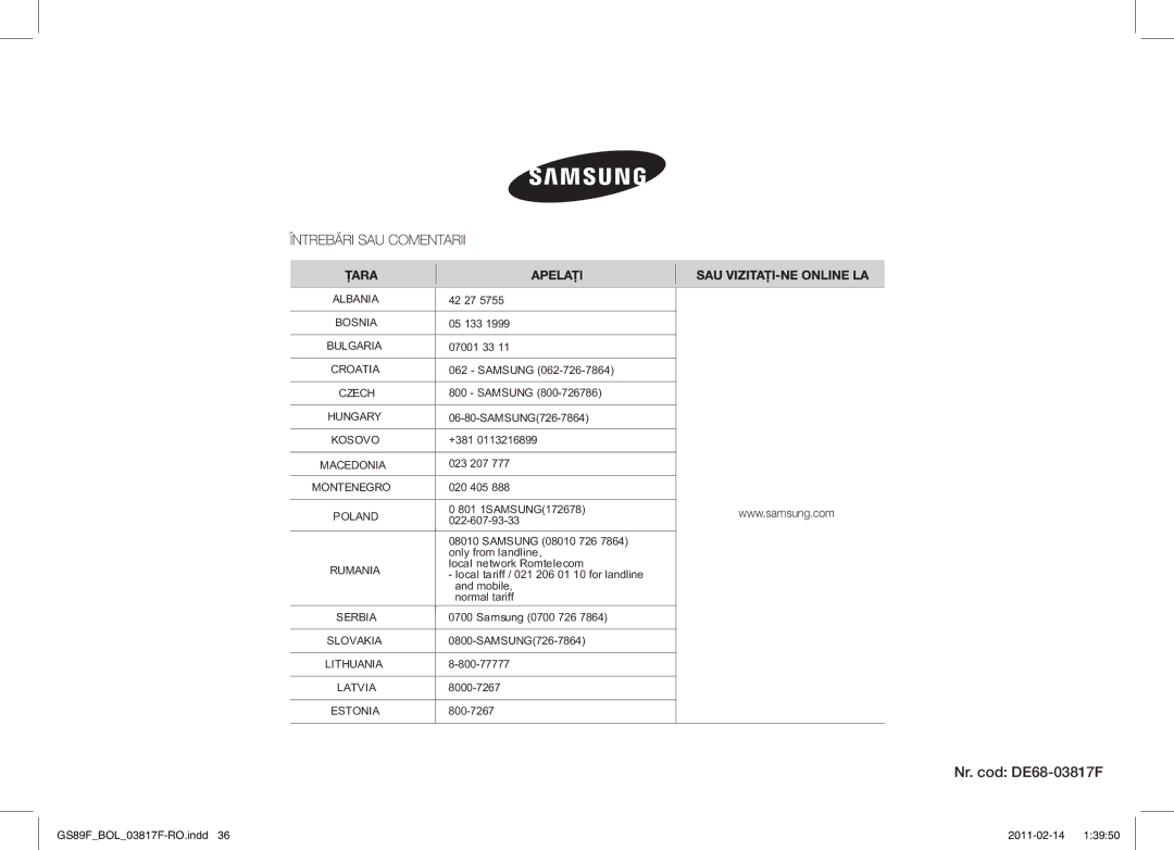 Samsung GS89F-1S/BOL manual Nr. cod DE68-03817F 