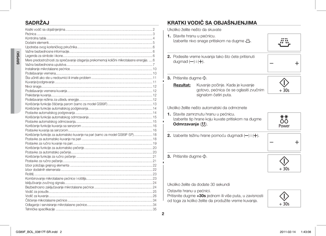 Samsung GS89F-1S/BOL manual Kratki Vodič SA Objašnjenjima, Odmrzavanje 