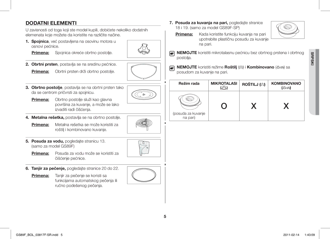 Samsung GS89F-1S/BOL Dodatni Elementi, Primena, Posuda za kuvanja na pari, pogledajte stranice, Posudom za kuvanje na pari 