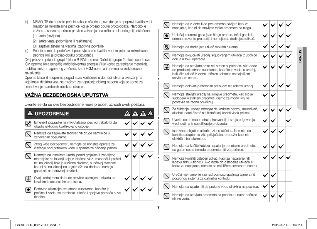 Samsung GS89F-1S/BOL manual Važna Bezbednosna Uputstva 