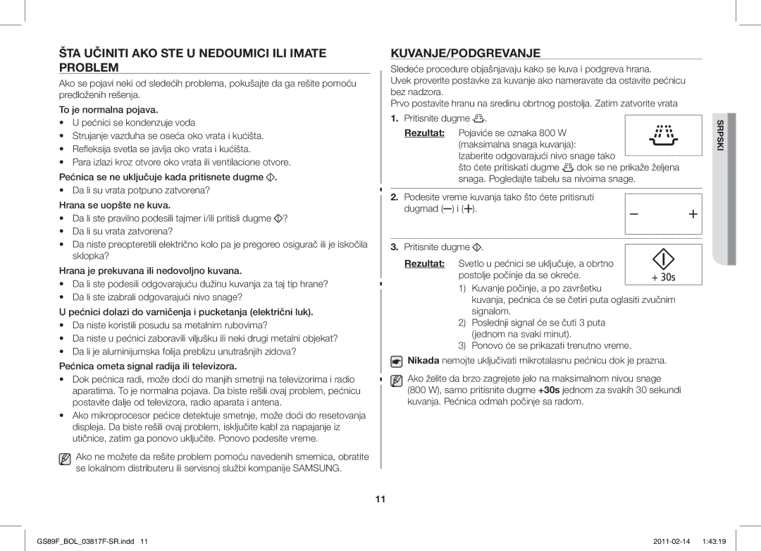 Samsung GS89F-1S/BOL manual ŠTA Učiniti AKO STE U Nedoumici ILI Imate Problem, Kuvanje/Podgrevanje 