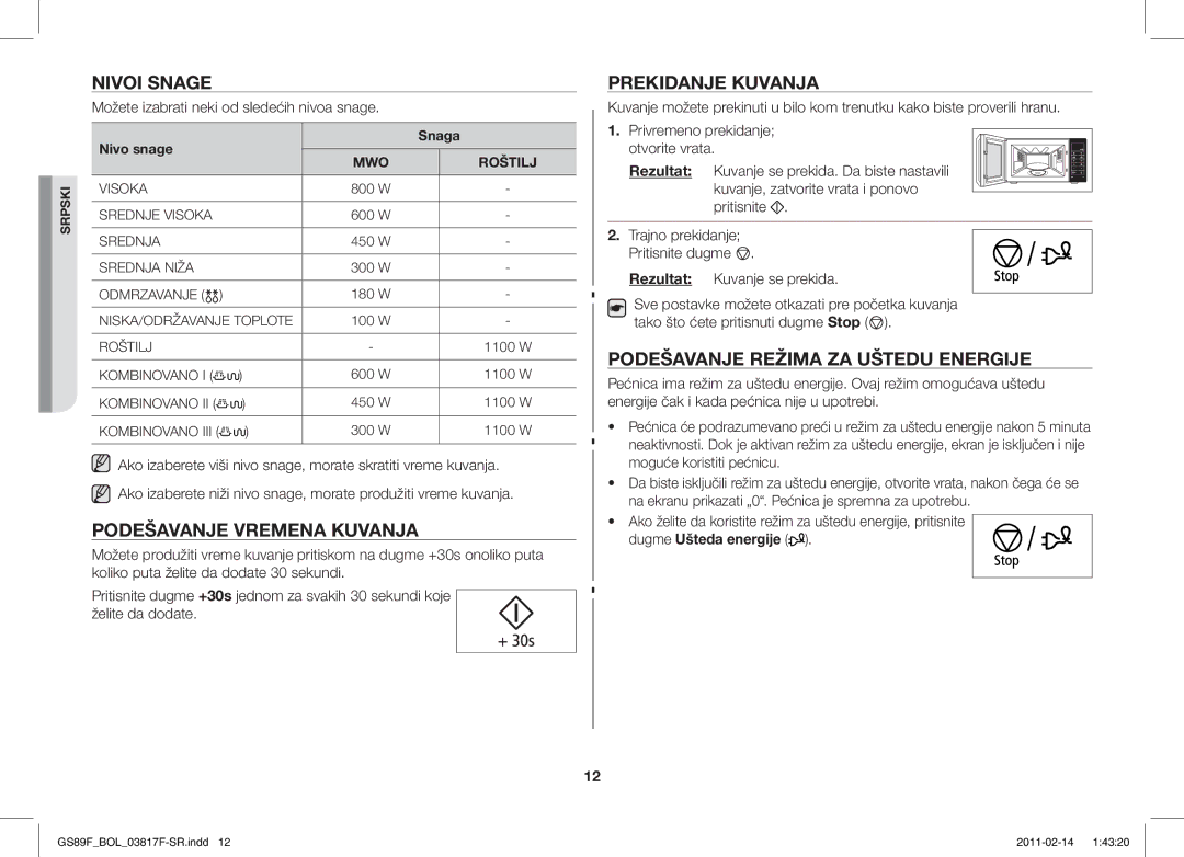 Samsung GS89F-1S/BOL Nivoi Snage, Podešavanje Vremena Kuvanja, Prekidanje Kuvanja, Podešavanje Režima ZA Uštedu Energije 