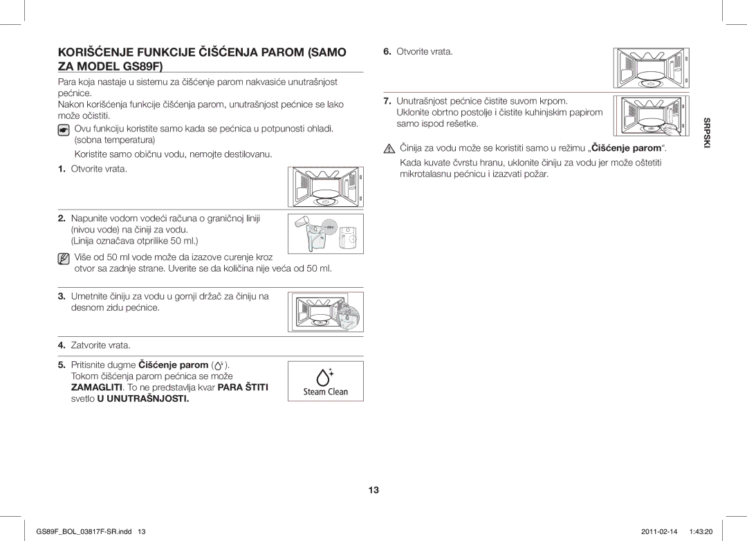 Samsung GS89F-1S/BOL manual Korišćenje Funkcije Čišćenja Parom Samo ZA Model GS89F, Samo ispod rešetke 