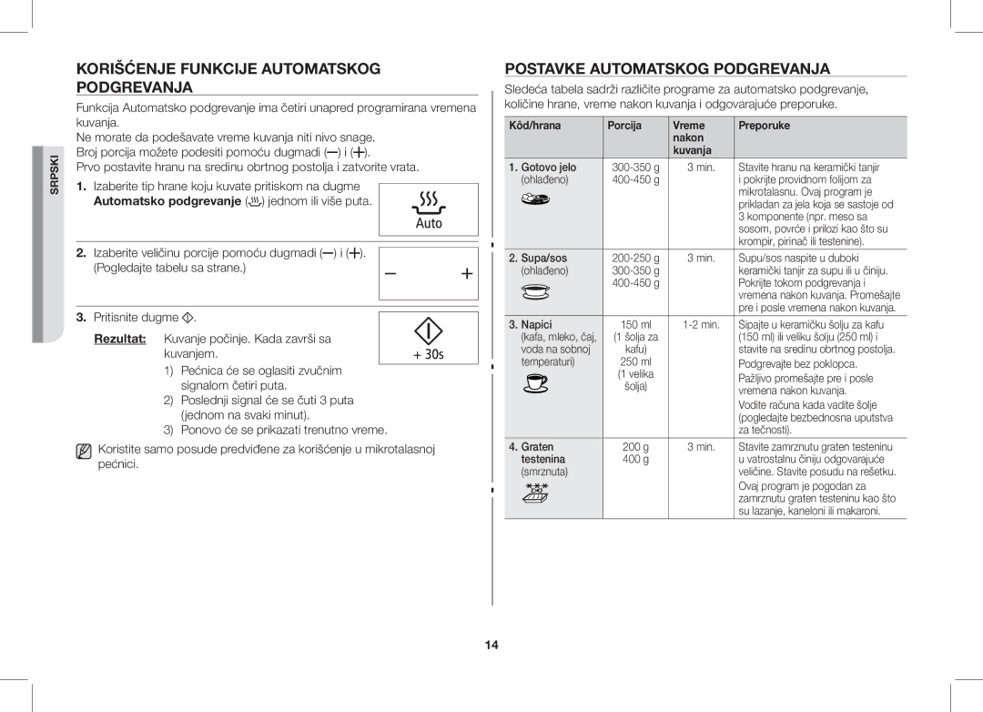 Samsung GS89F-1S/BOL manual Korišćenje Funkcije Automatskog Podgrevanja, Postavke Automatskog Podgrevanja 