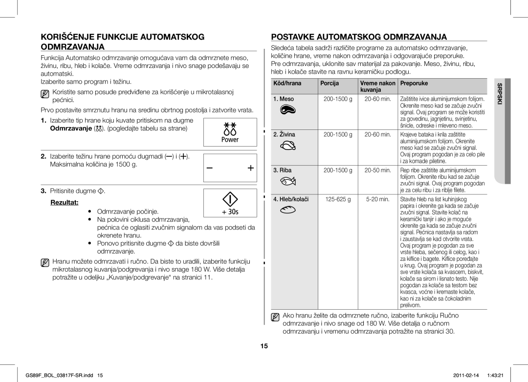 Samsung GS89F-1S/BOL manual Korišćenje Funkcije Automatskog Odmrzavanja, Kôd/hrana Porcija 