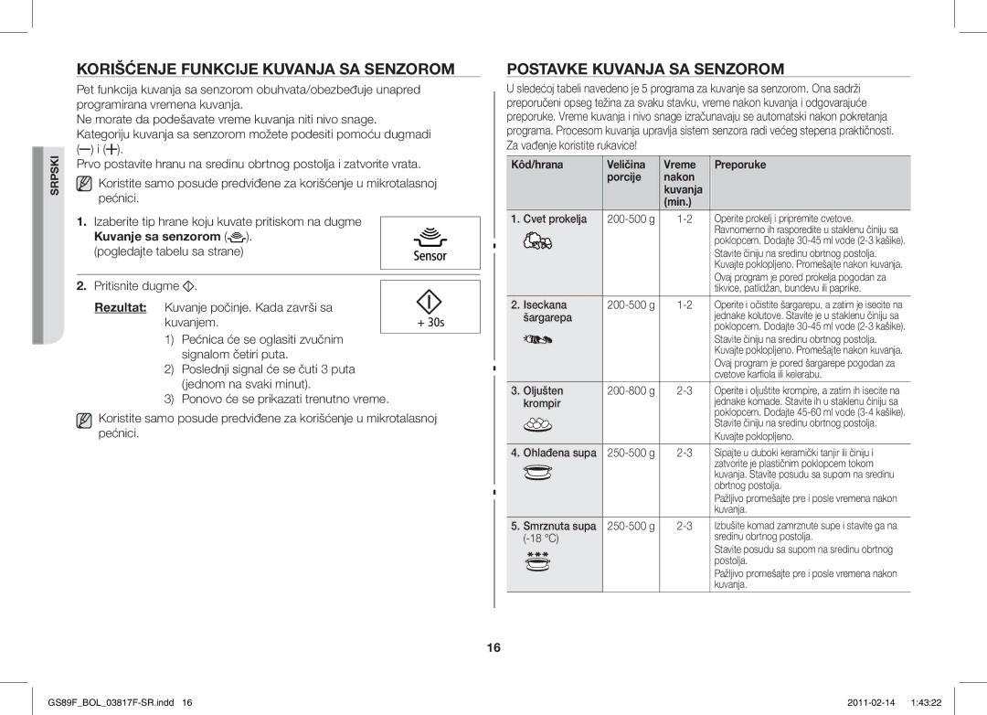 Samsung GS89F-1S/BOL manual Korišćenje Funkcije Kuvanja SA Senzorom, Postavke Kuvanja SA Senzorom 