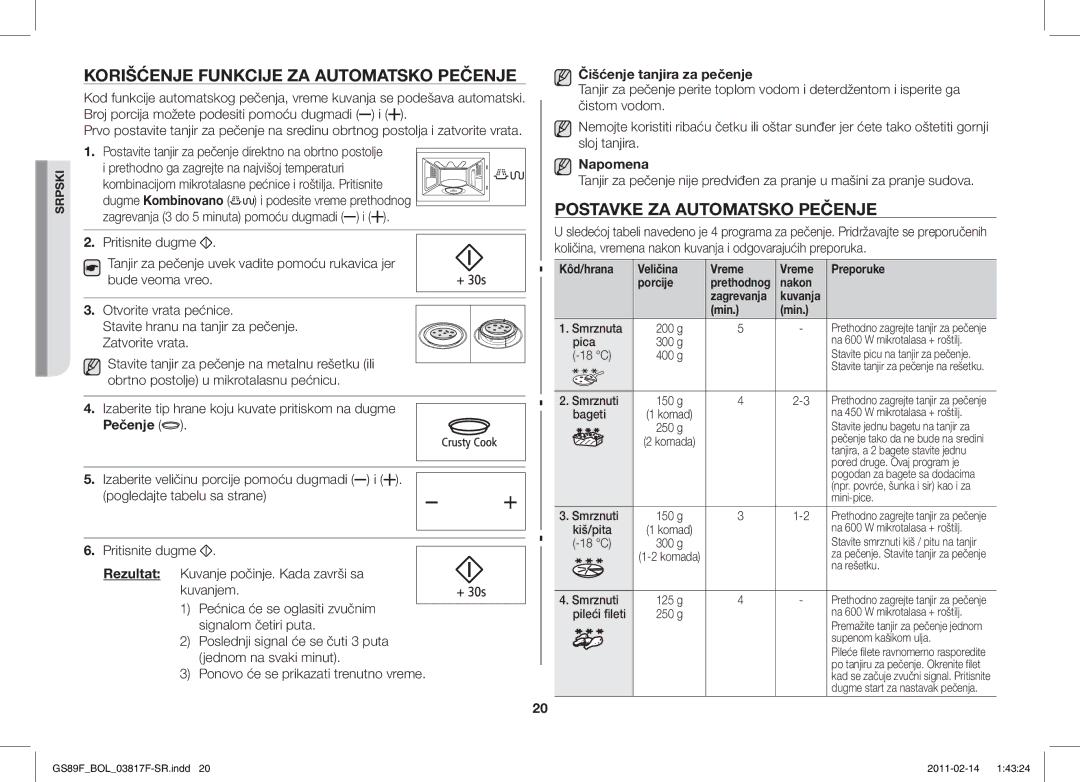 Samsung GS89F-1S/BOL manual Korišćenje Funkcije ZA Automatsko Pečenje, Postavke ZA Automatsko Pečenje, Napomena 