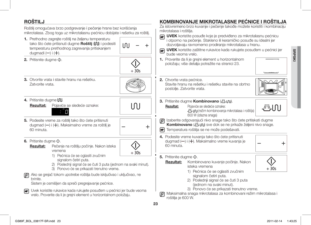 Samsung GS89F-1S/BOL manual Kombinovanje Mikrotalasne Pećnice I Roštilja 