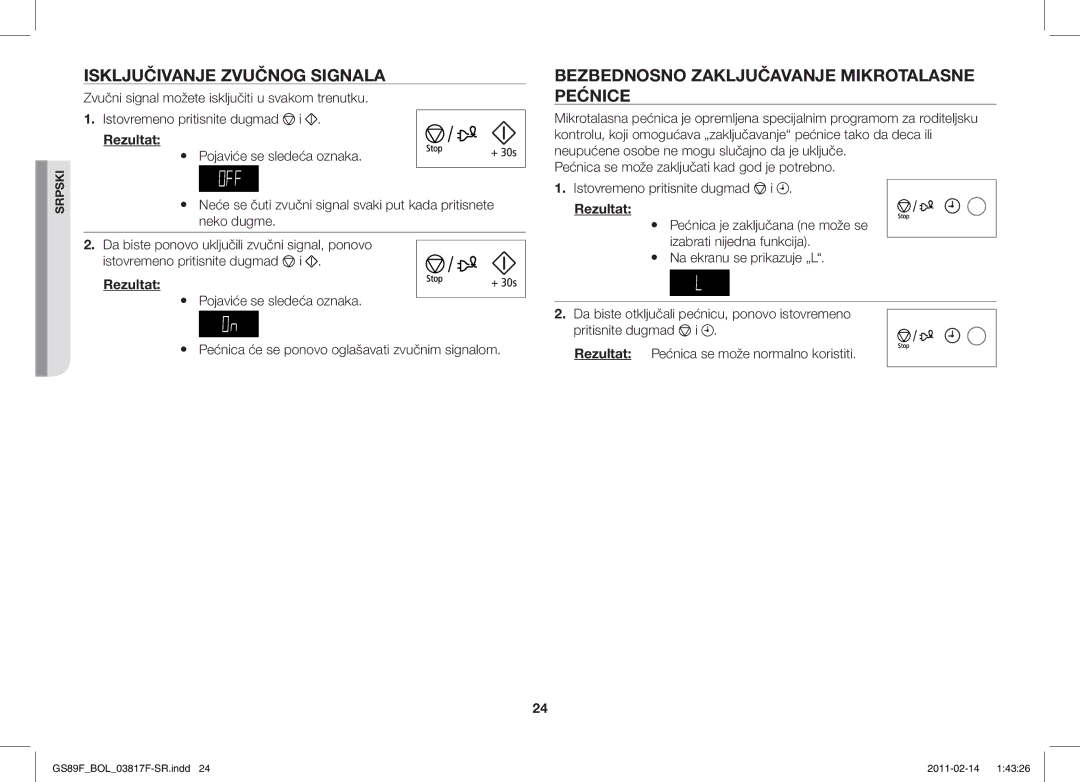 Samsung GS89F-1S/BOL manual Isključivanje Zvučnog Signala, Bezbednosno Zaključavanje Mikrotalasne Pećnice 