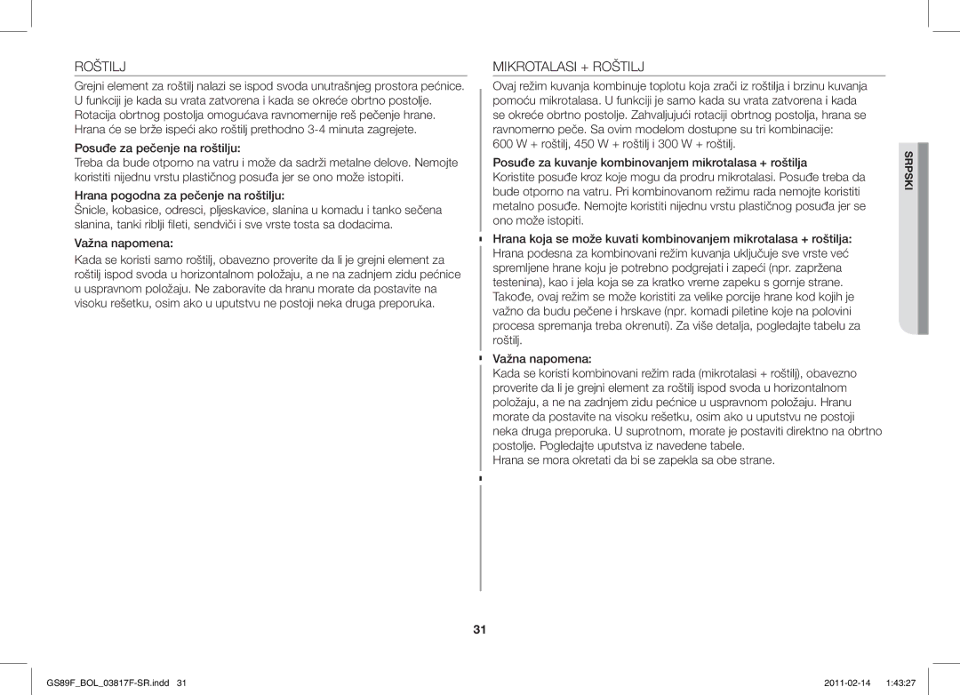 Samsung GS89F-1S/BOL manual Mikrotalasi + Roštilj, Posuđe za pečenje na roštilju, Hrana pogodna za pečenje na roštilju 