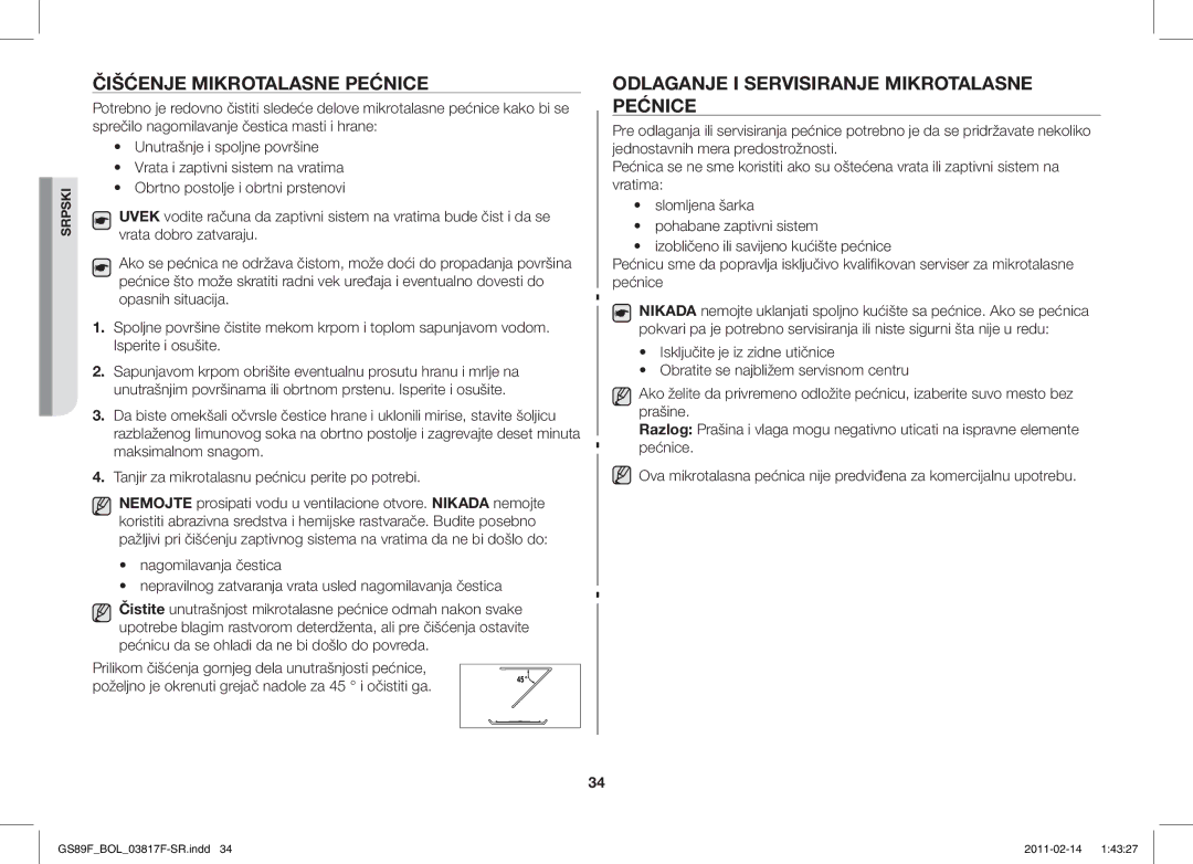 Samsung GS89F-1S/BOL manual Čišćenje Mikrotalasne Pećnice, Odlaganje I Servisiranje Mikrotalasne Pećnice 