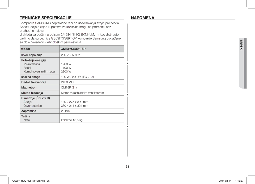 Samsung GS89F-1S/BOL manual Model, GS89F/GS89F-SP 