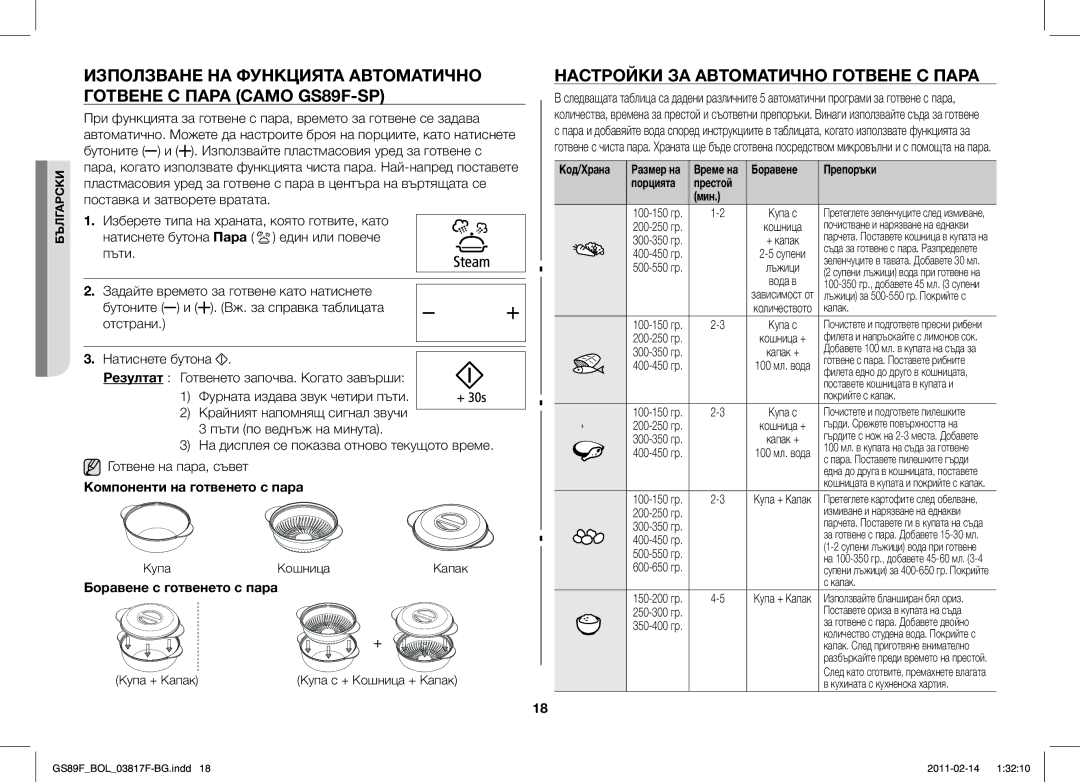 Samsung GS89F-1S/BOL Настройки ЗА Автоматично Готвене С Пара, Компоненти на готвенето с пара, Боравене с готвенето с пара 