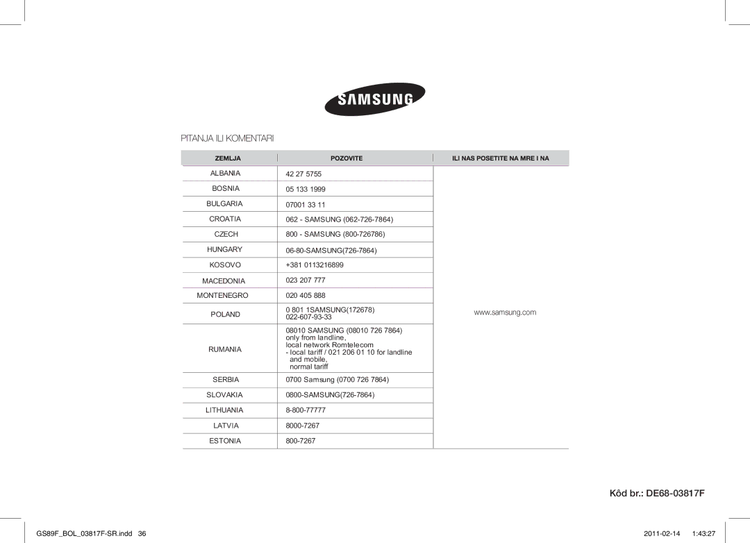 Samsung GS89F-1S/BOL manual Kôd br. DE68-03817F 