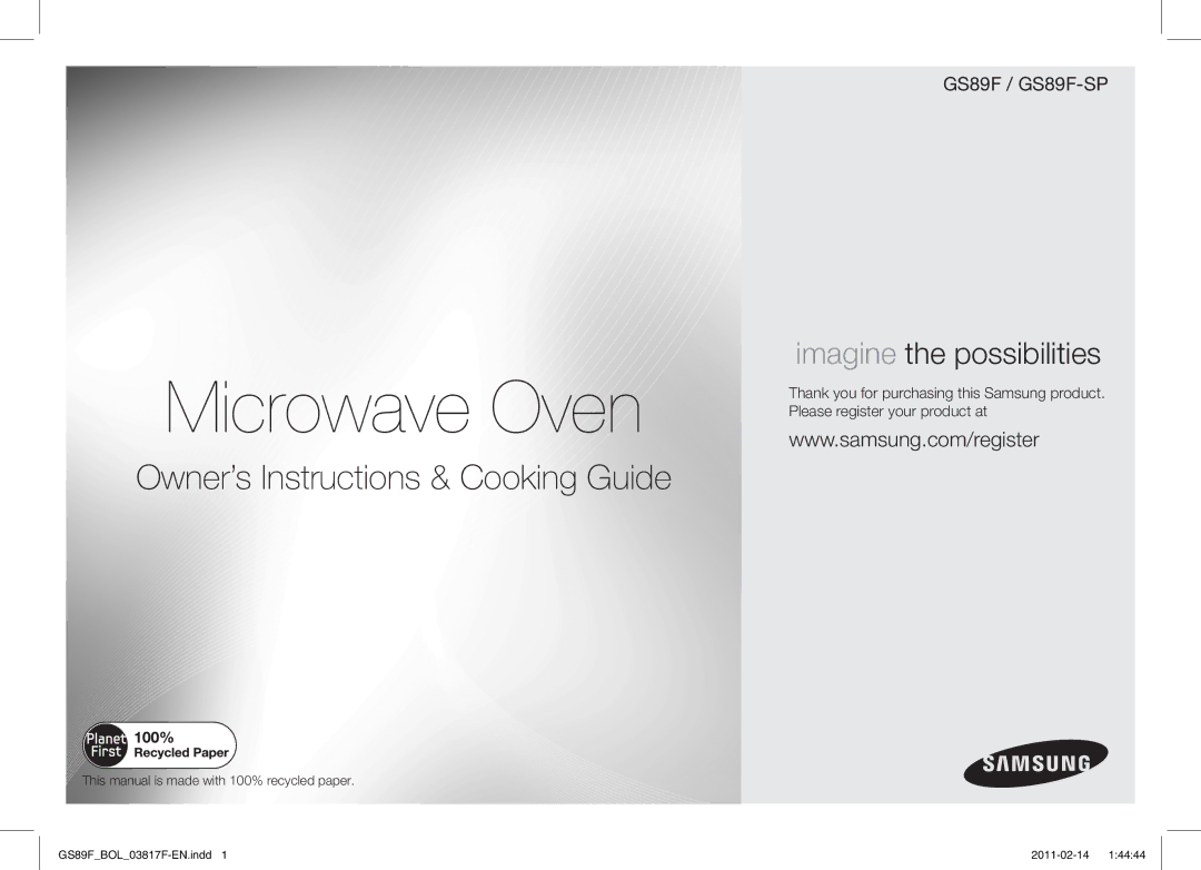 Samsung GS89F-1S/BOL Microwave Oven, This manual is made with 100% recycled paper 