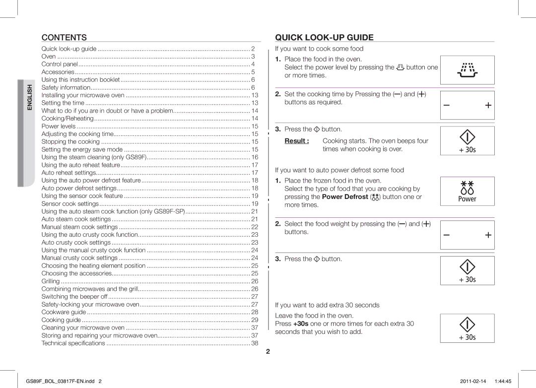 Samsung GS89F-1S/BOL manual Contents, Quick LOOK-UP Guide 