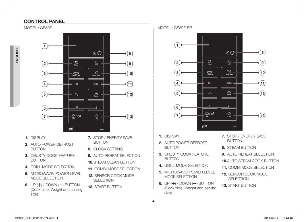 Samsung GS89F-1S/BOL manual Control Panel, UP / Down Button Cook time, Weight and serving size 