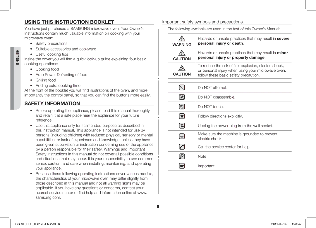 Samsung GS89F-1S/BOL manual Using this Instruction Booklet, Safety Information, Personal injury or death 