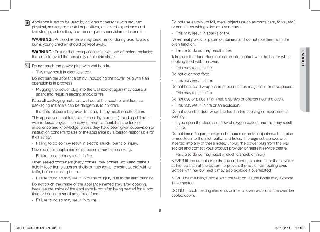 Samsung GS89F-1S/BOL manual This may result in fire. Do not over-heat food 