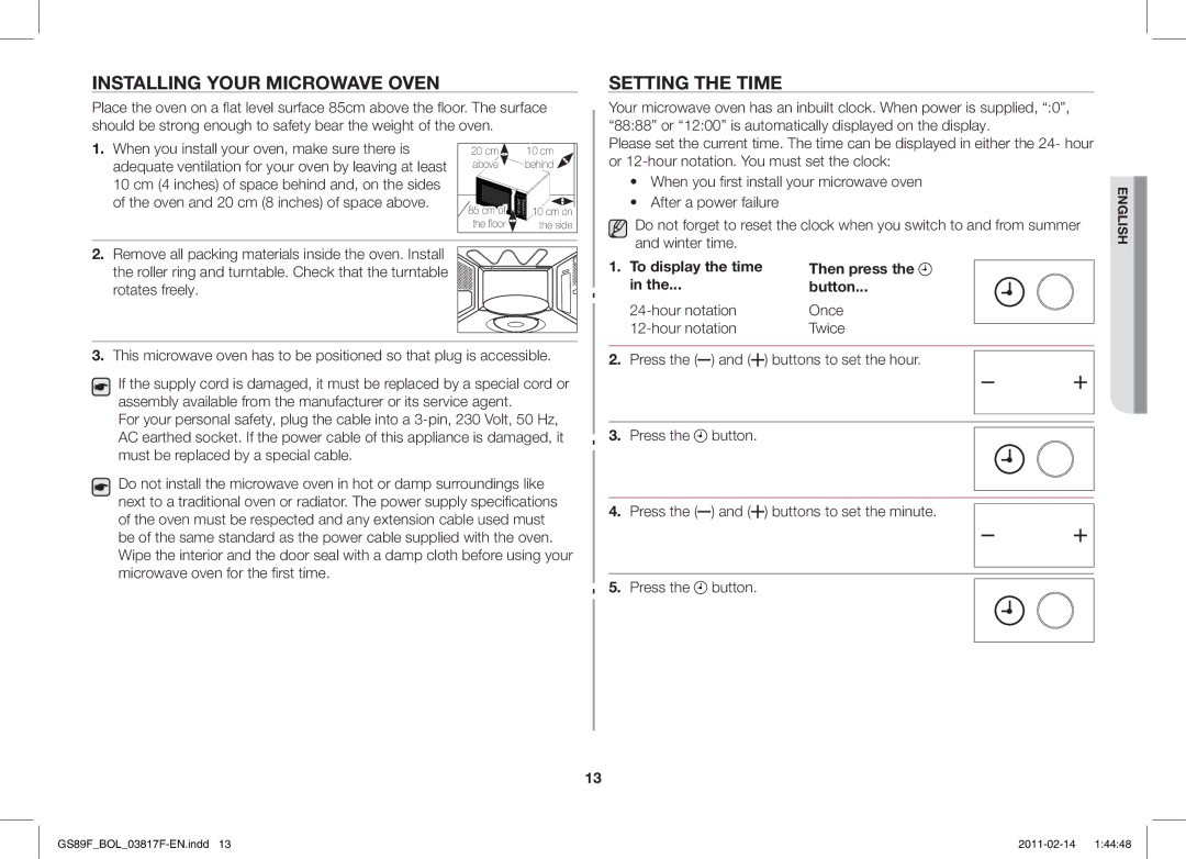 Samsung GS89F-1S/BOL manual Installing Your Microwave Oven, Setting the Time, Then press Button, Hour notation Once Twice 