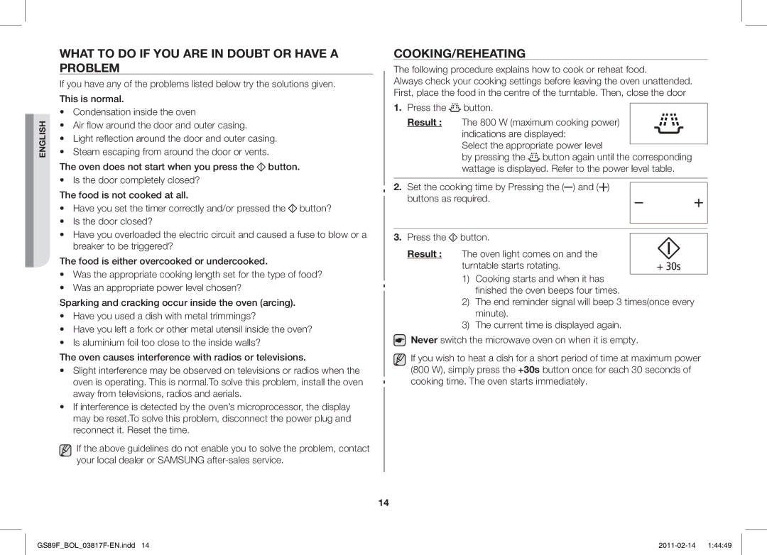 Samsung GS89F-1S/BOL manual What to do if YOU are in Doubt or have a Problem, Cooking/Reheating 