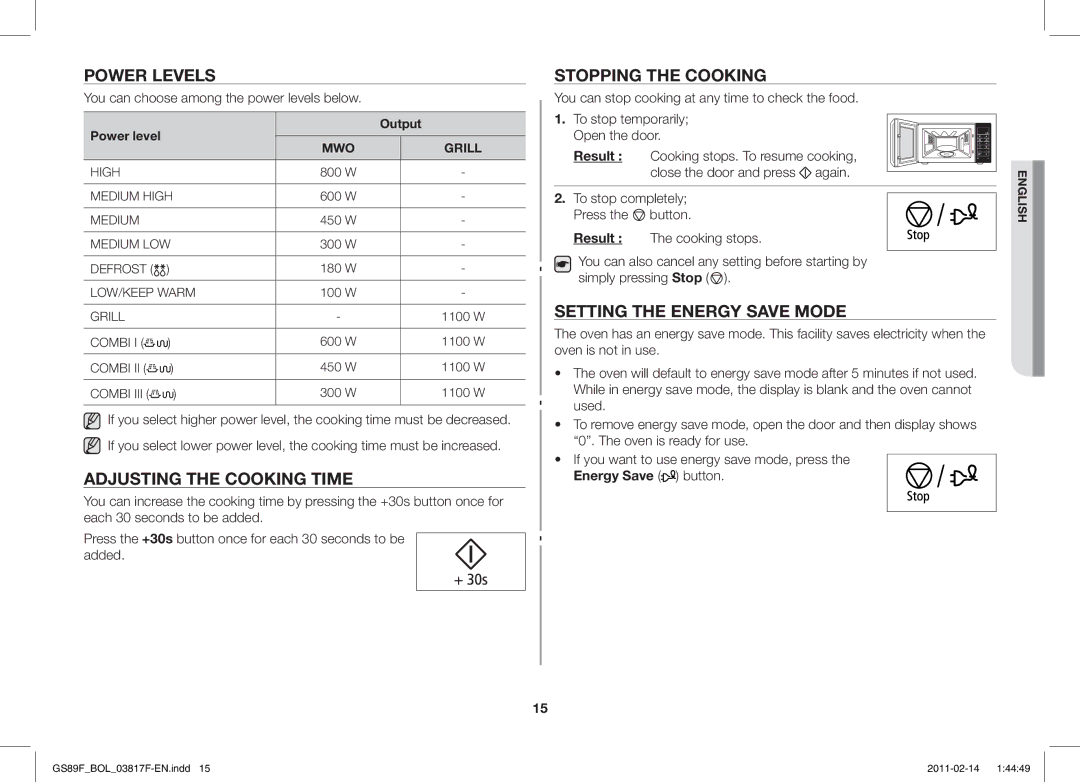 Samsung GS89F-1S/BOL manual Power Levels, Adjusting the Cooking Time, Stopping the Cooking, Setting the Energy Save Mode 