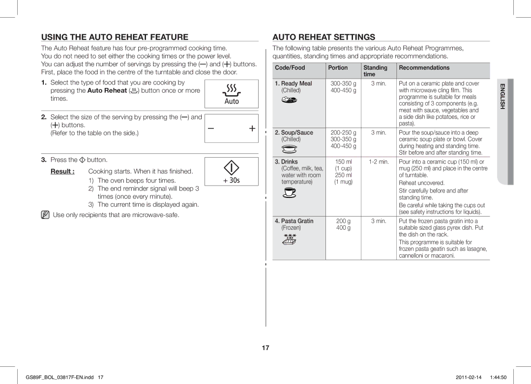 Samsung GS89F-1S/BOL Using the Auto Reheat Feature, Auto Reheat Settings, Code/Food Portion Standing Recommendations Time 