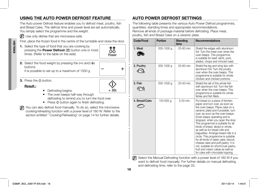 Samsung GS89F-1S/BOL manual Using the Auto Power Defrost Feature, Auto Power Defrost Settings, Result 