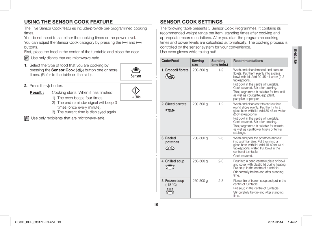 Samsung GS89F-1S/BOL manual Using the Sensor Cook Feature, Sensor Cook Settings 