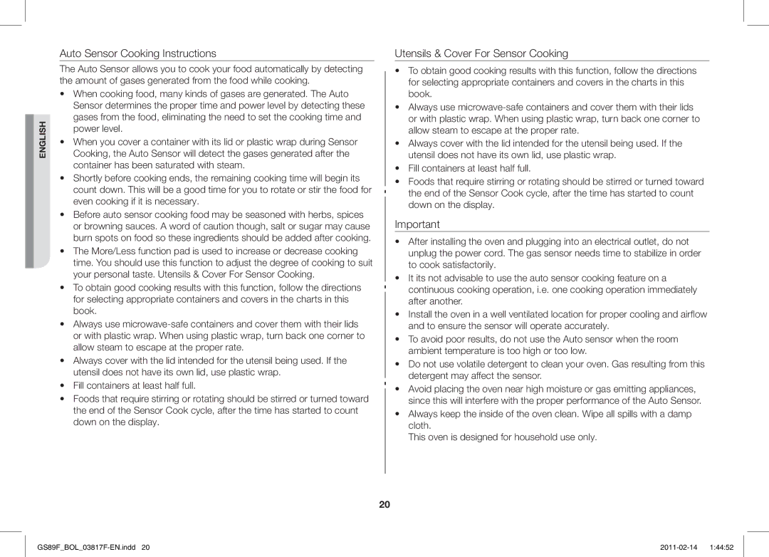 Samsung GS89F-1S/BOL manual Auto Sensor Cooking Instructions 