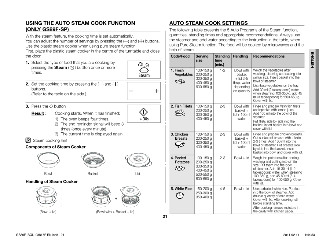 Samsung GS89F-1S/BOL Using the Auto Steam Cook Function only GS89F-SP, Auto Steam Cook Settings, Handling of Steam Cooker 