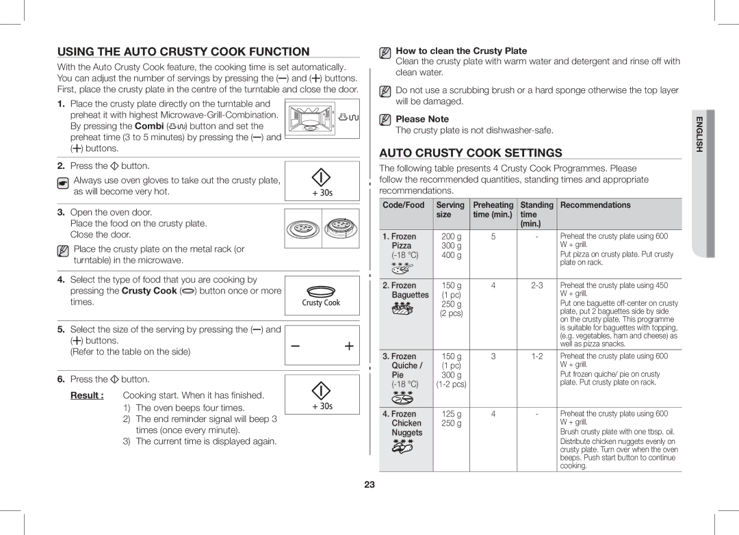 Samsung GS89F-1S/BOL manual Using the Auto Crusty Cook Function, Auto Crusty Cook Settings, How to clean the Crusty Plate 