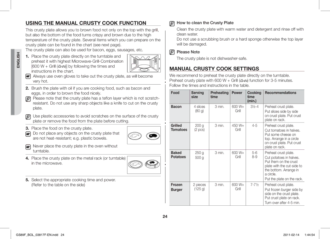 Samsung GS89F-1S/BOL manual Using the Manual Crusty Cook Function, Manual Crusty Cook Settings 