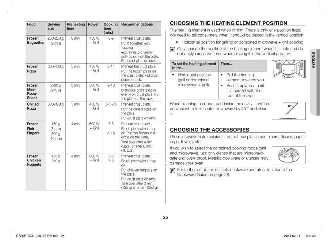 Samsung GS89F-1S/BOL manual Choosing the Heating Element Position, Choosing the Accessories 