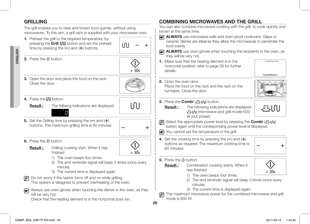 Samsung GS89F-1S/BOL manual Grilling, Combining Microwaves and the Grill, You cannot set the temperature of the grill 