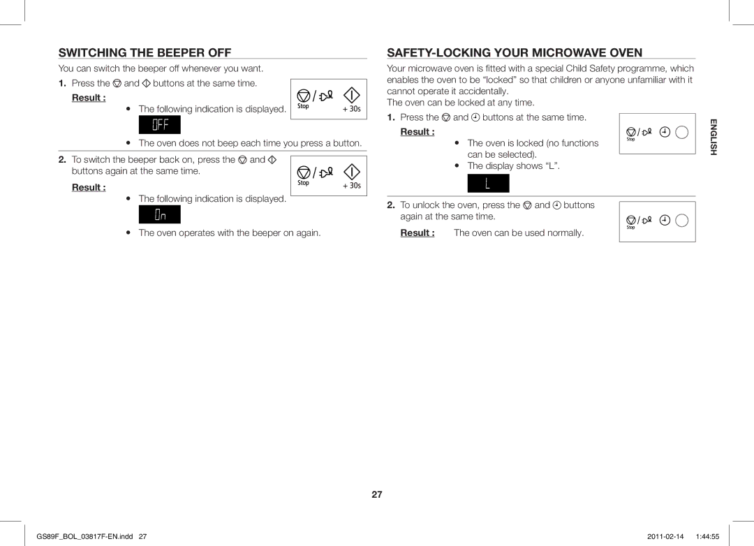 Samsung GS89F-1S/BOL Switching the Beeper OFF, SAFETY-LOCKING Your Microwave Oven,  The following indication is displayed 