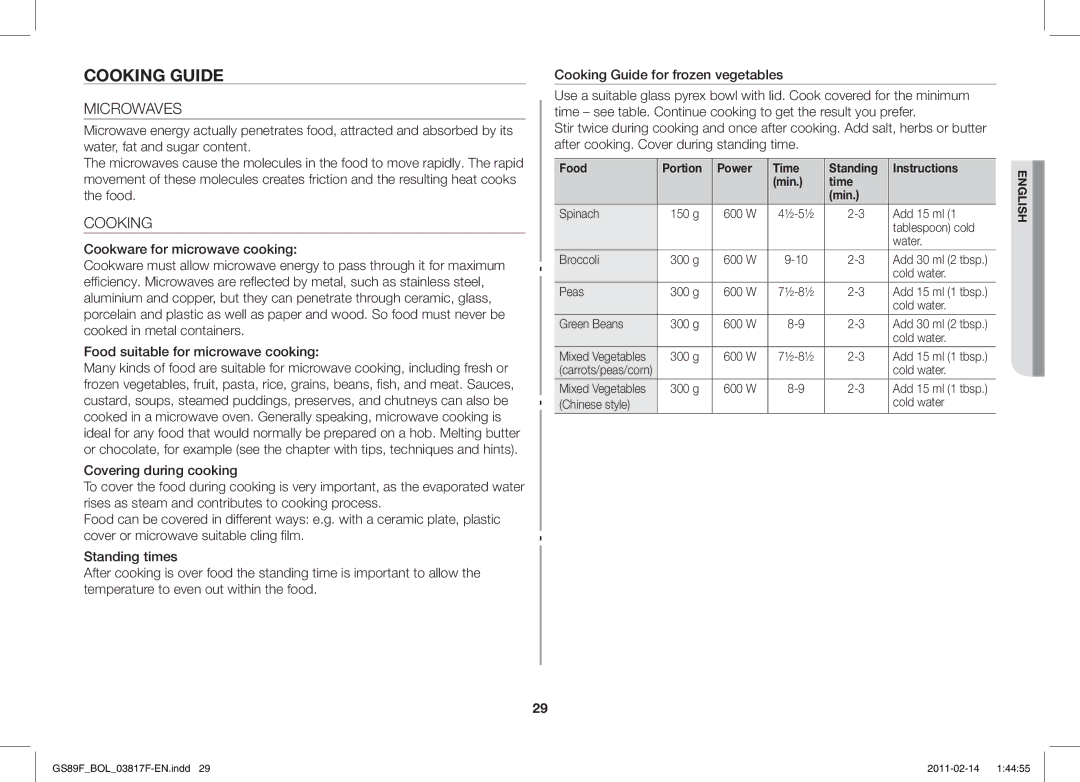 Samsung GS89F-1S/BOL manual Cooking Guide, Microwaves, Food Portion Power Time Standing Instructions Min 