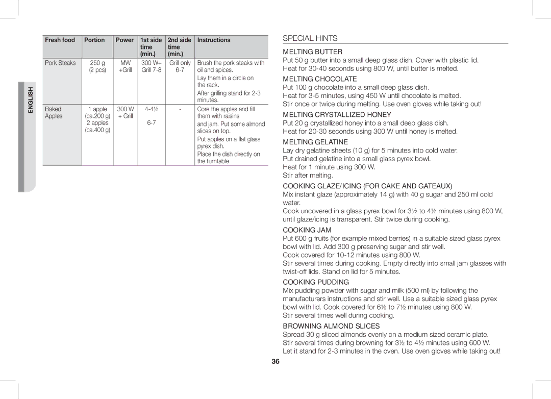 Samsung GS89F-1S/BOL manual Special Hints, Stir several times well during cooking 