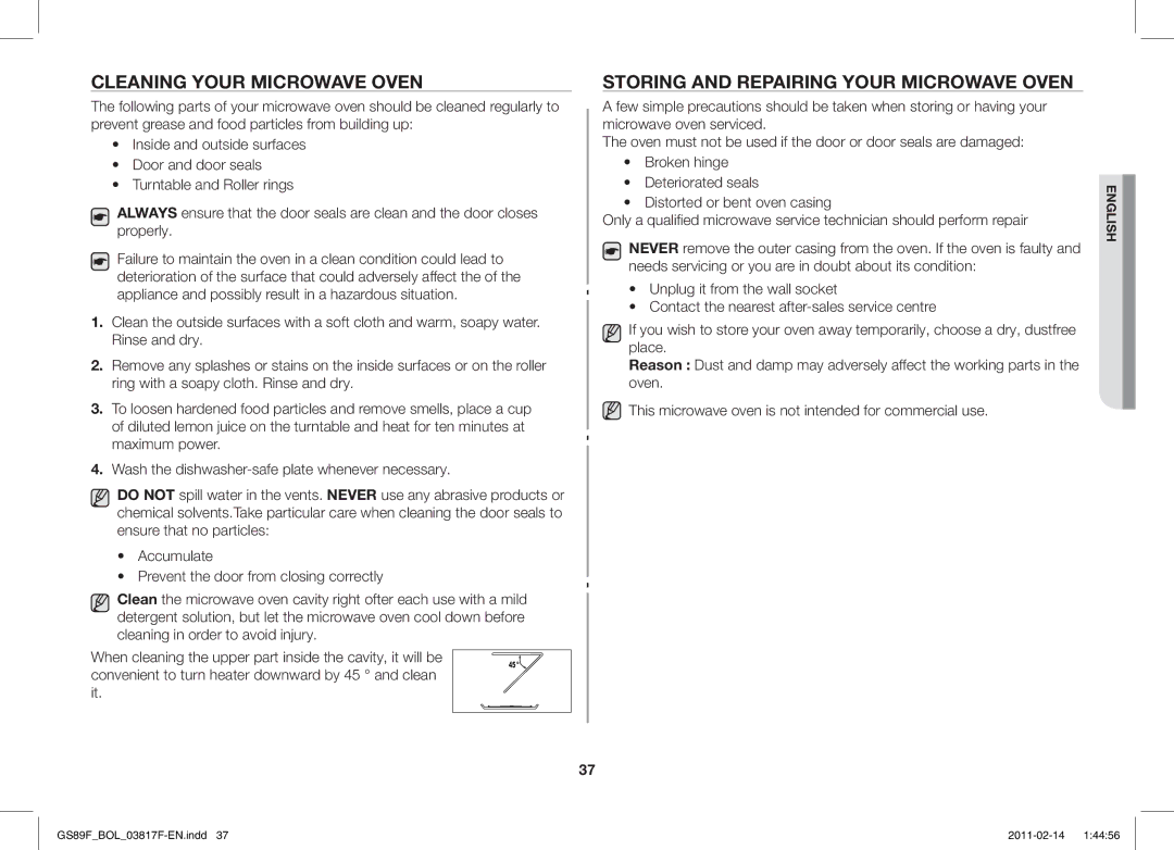 Samsung GS89F-1S/BOL manual Cleaning Your Microwave Oven, Storing and Repairing Your Microwave Oven 