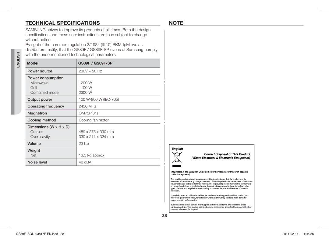 Samsung GS89F-1S/BOL manual Technical Specifications, Model GS89F / GS89F-SP 