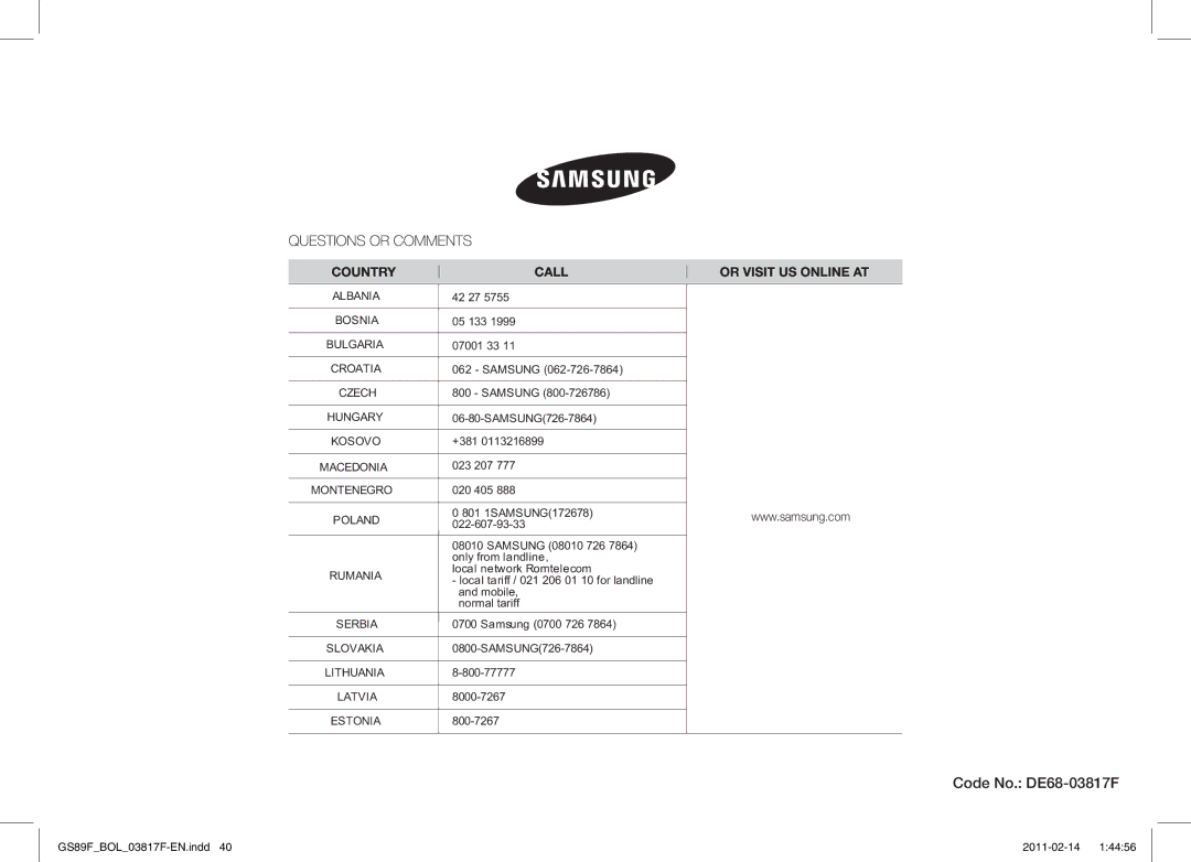 Samsung GS89F-1S/BOL manual Code No. DE68-03817F 