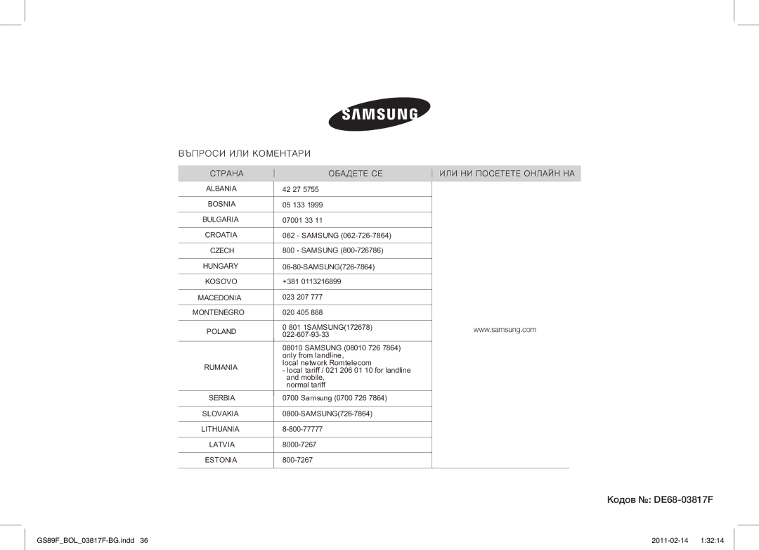 Samsung GS89F-1S/BOL manual Кодов DE68-03817F 