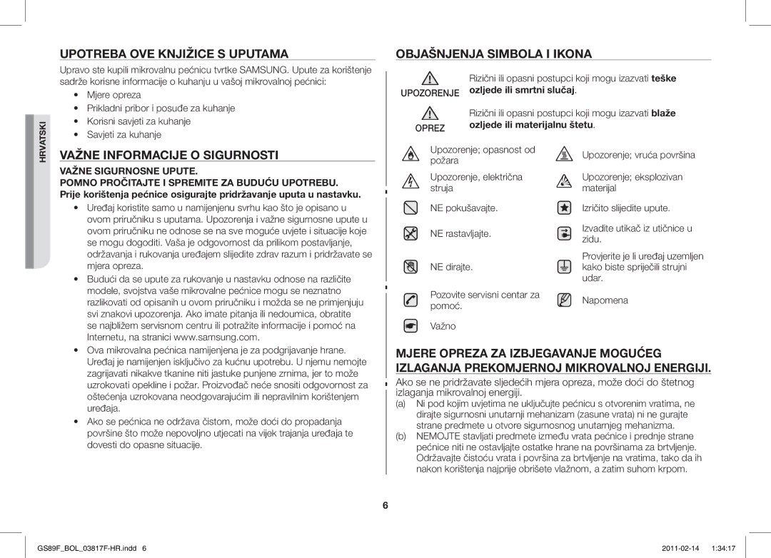 Samsung GS89F-1S/BOL manual Upotreba OVE Knjižice S Uputama, Objašnjenja Simbola I Ikona, Važne Informacije O Sigurnosti 