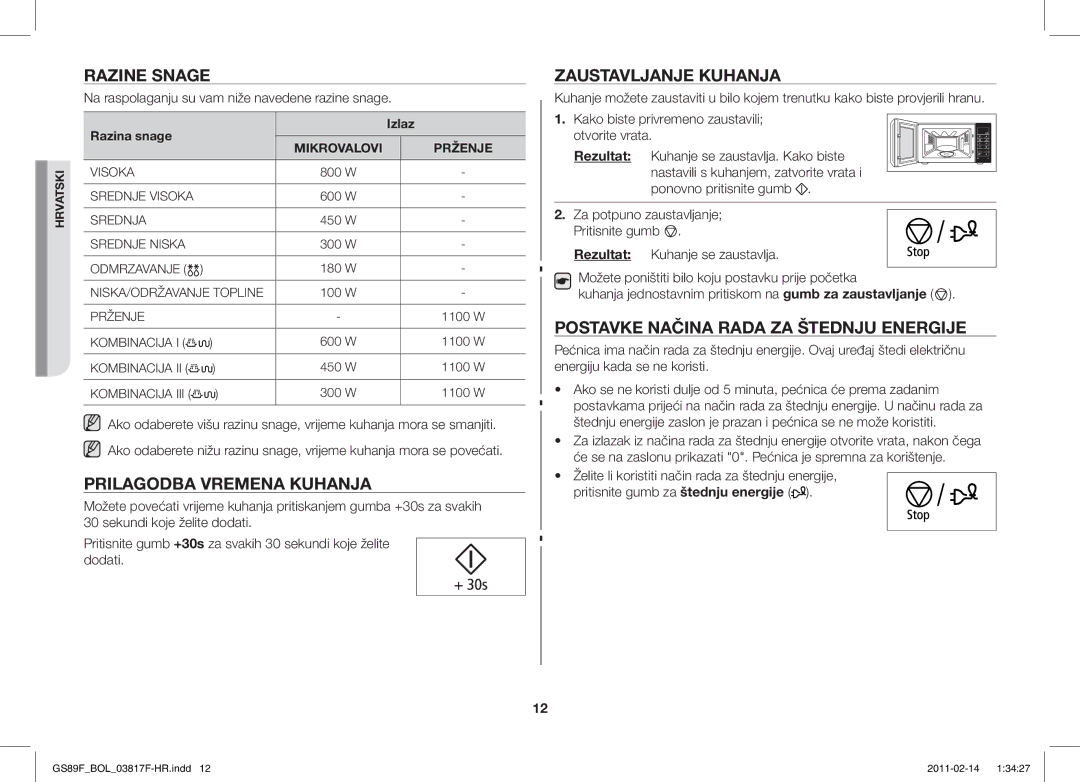 Samsung GS89F-1S/BOL manual Razine Snage, Prilagodba Vremena Kuhanja, Zaustavljanje Kuhanja 