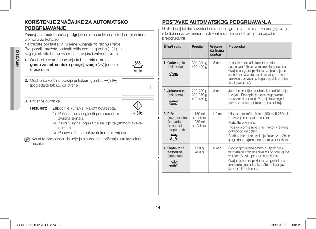 Samsung GS89F-1S/BOL manual Korištenje Značajke ZA Automatsko Podgrijavanje, Postavke Automatskog Podgrijavanja, Preporuke 